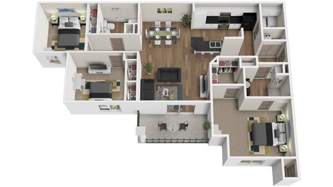 A 3D floor plan of a house with multiple rooms and furniture.